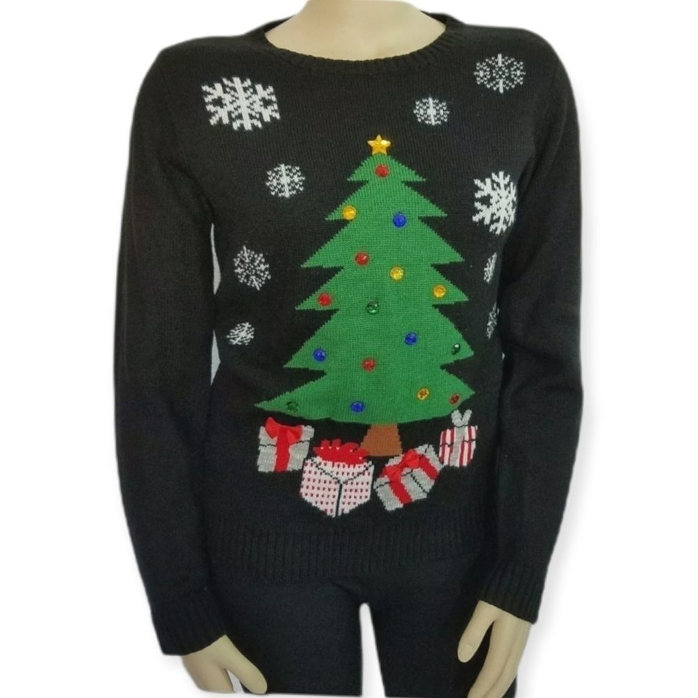 KAREN SCOTT Vintage Black/White/Green Tree Gifts Ugly Christmas Sweater Petite L